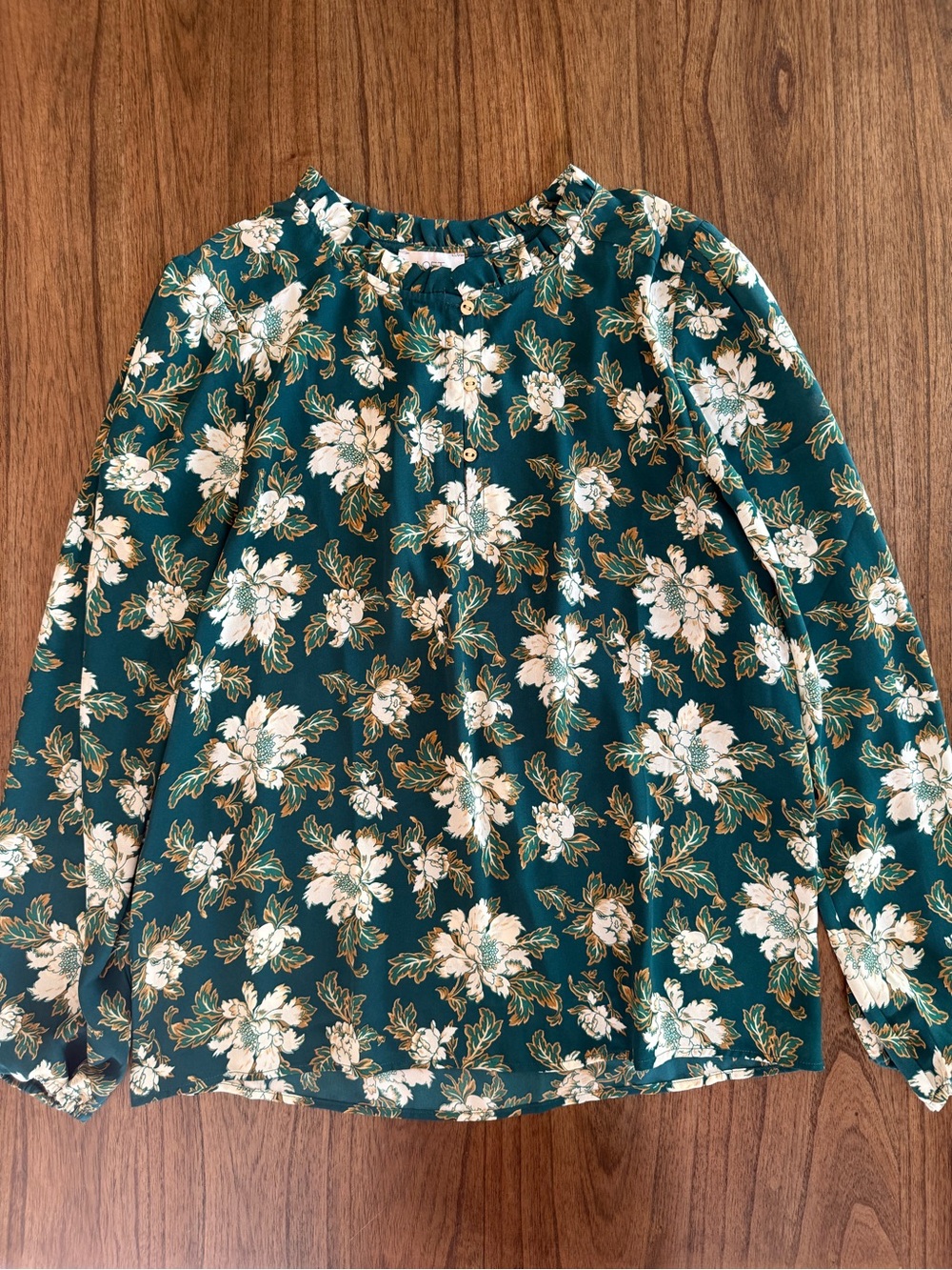 LOFT Teal Green Floral Long-Sleeve Blouse